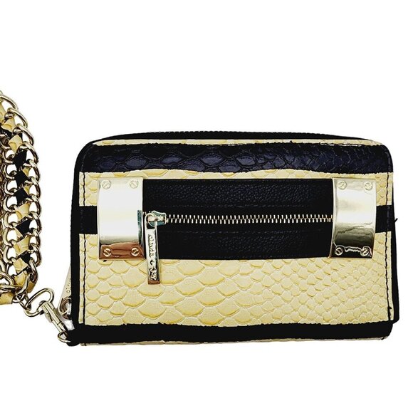 Olivia Joy New York Wallet Wristlet Yellow Black Faux Snakeskin Zip Metal Strap - Picture 4 of 10